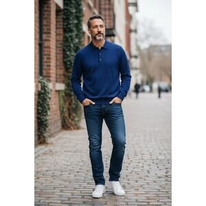 Neiman Marcus 100% Wool Polo Sweater Blue Long Sleeve Made in Italy Size M